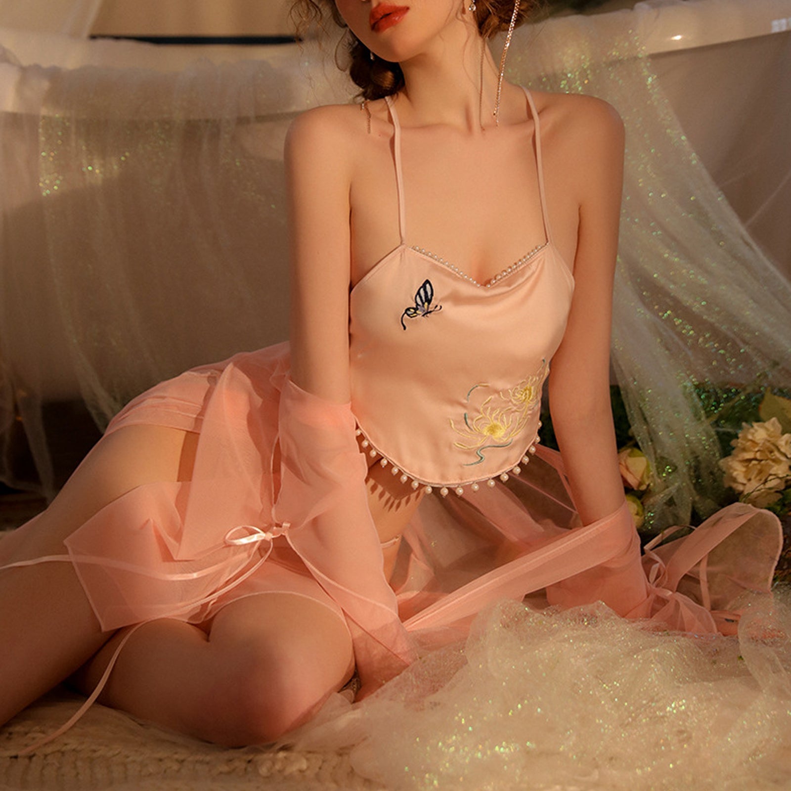 Sheer Mesh Kimono Robe Set 3 Piece Satin Embroidery Chinese Style Sleepwear