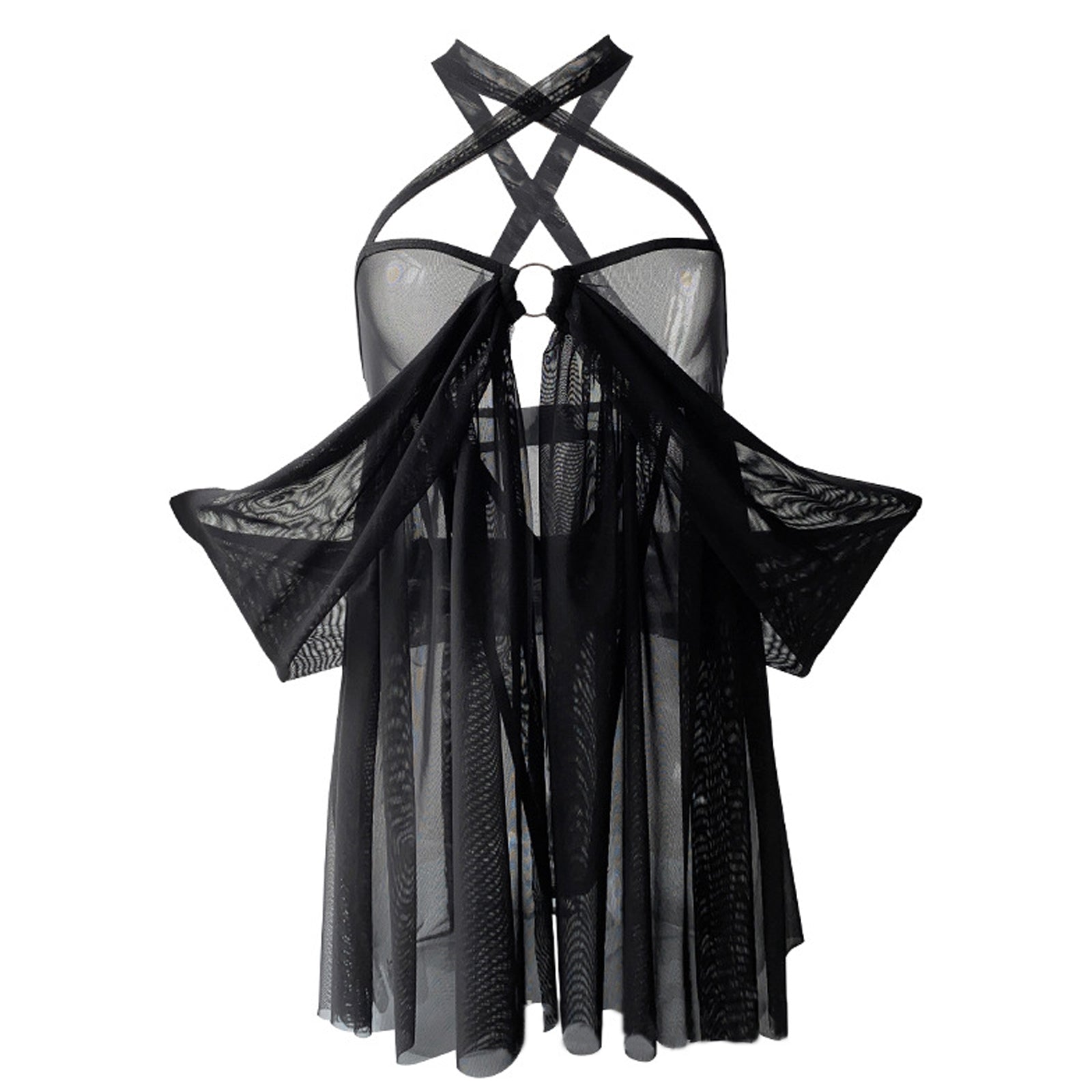 Mesh Babydoll Lingerie Criss Cross Halter Nighties Teddy Dress