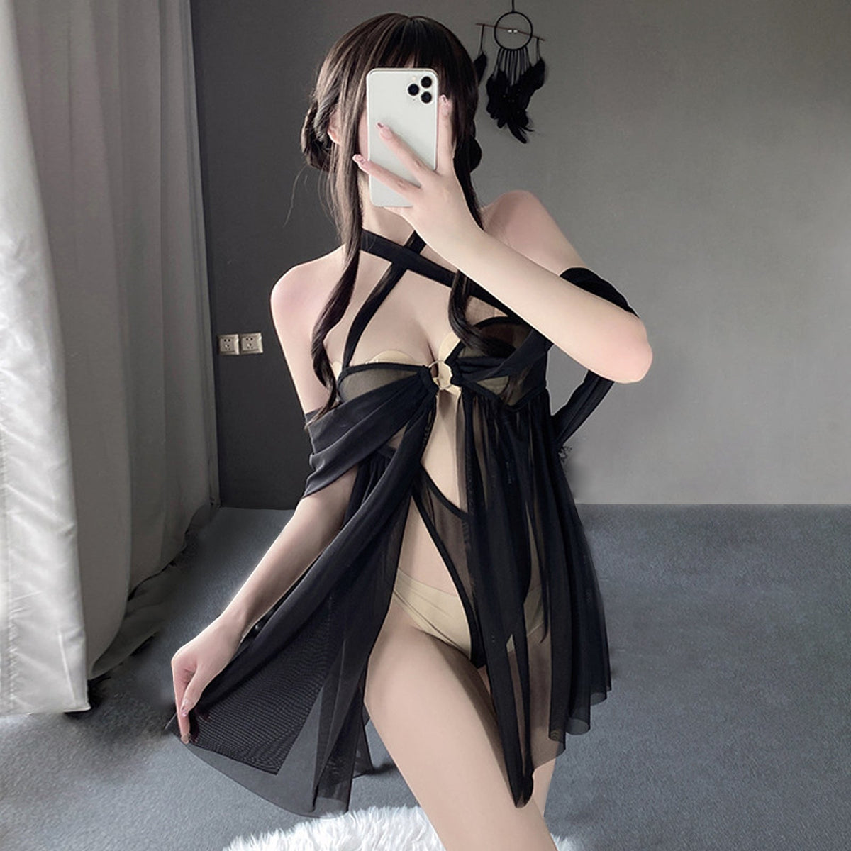Mesh Babydoll Lingerie Criss Cross Halter Nighties Teddy Dress