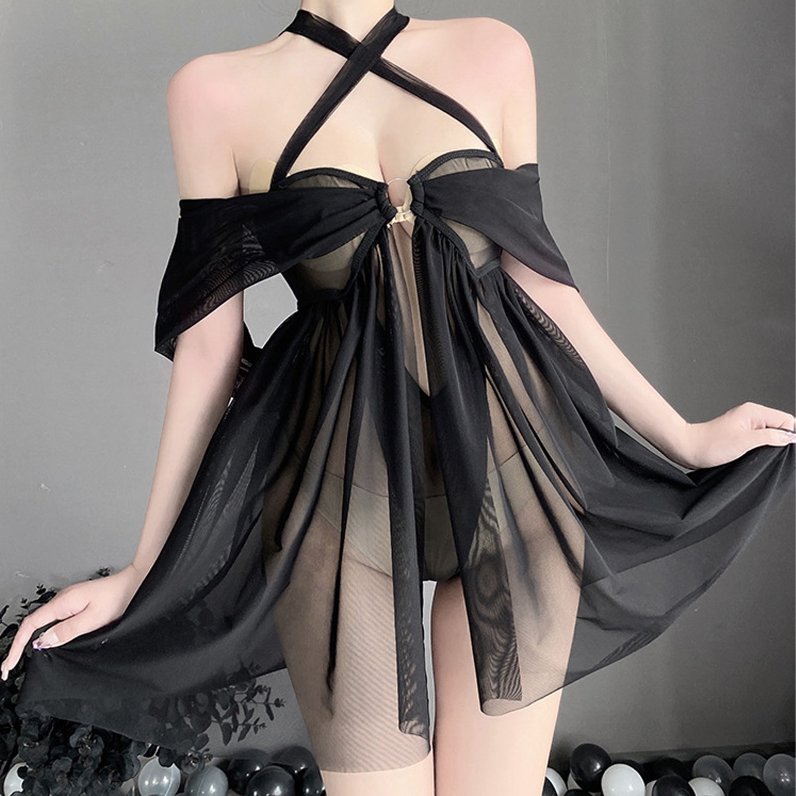 Mesh Babydoll Lingerie Criss Cross Halter Nighties Teddy Dress