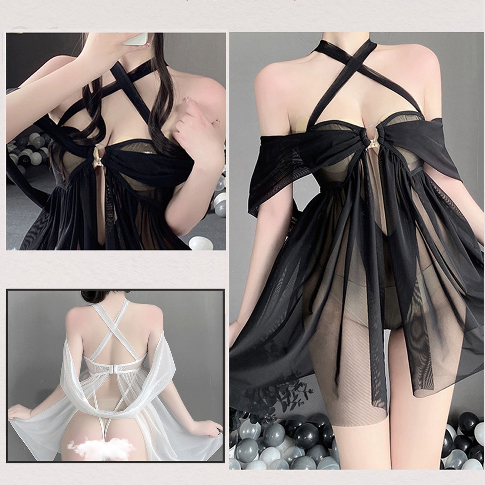 Mesh Babydoll Lingerie Criss Cross Halter Nighties Teddy Dress