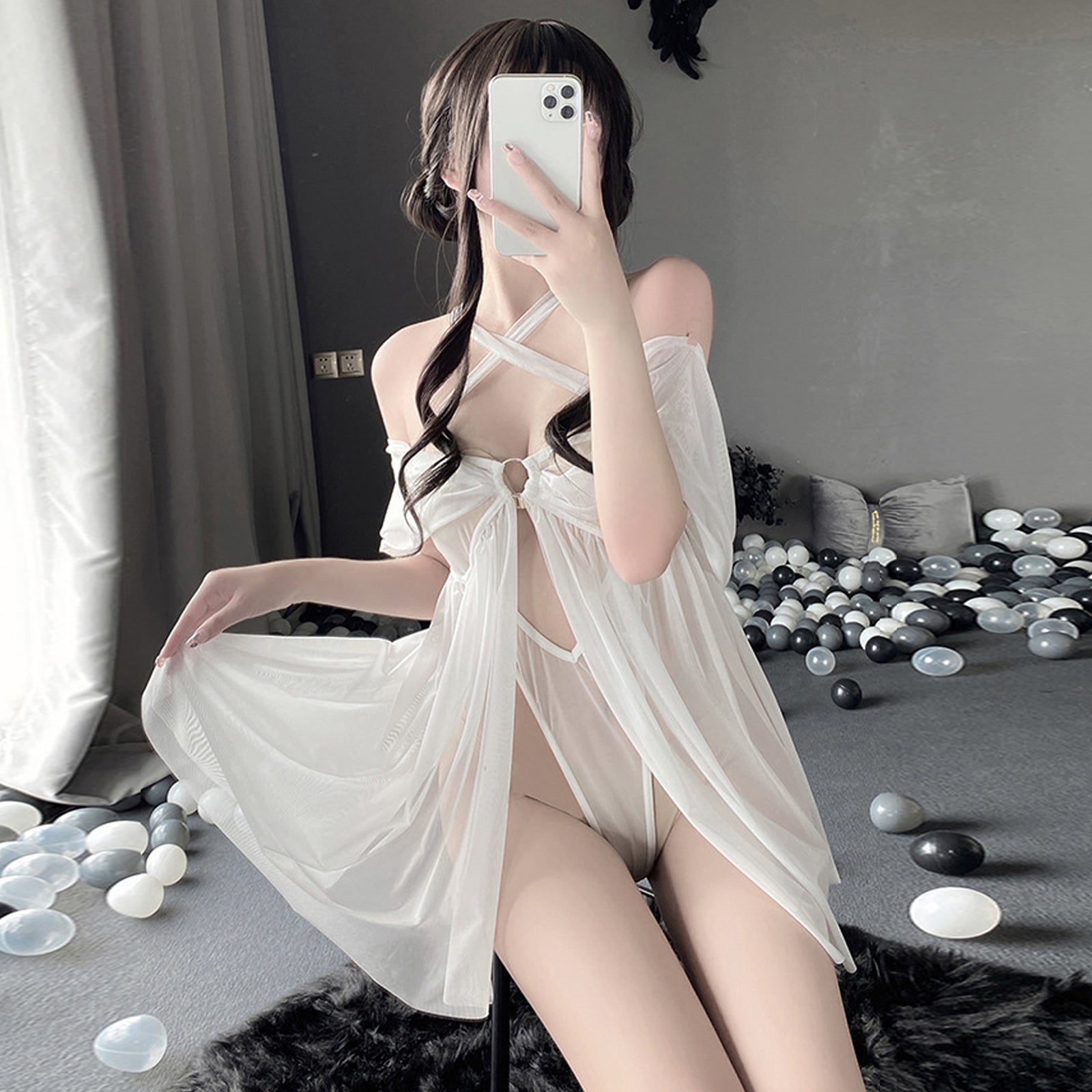 Mesh Babydoll Lingerie Criss Cross Halter Nighties Teddy Dress