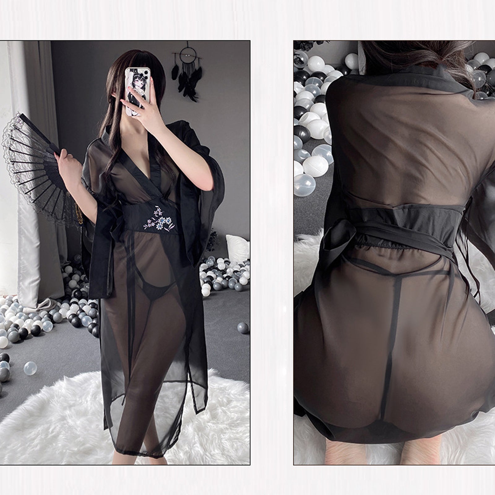 Mesh Kimono Robe V Neck Long Yukata Anime Lingerie Set