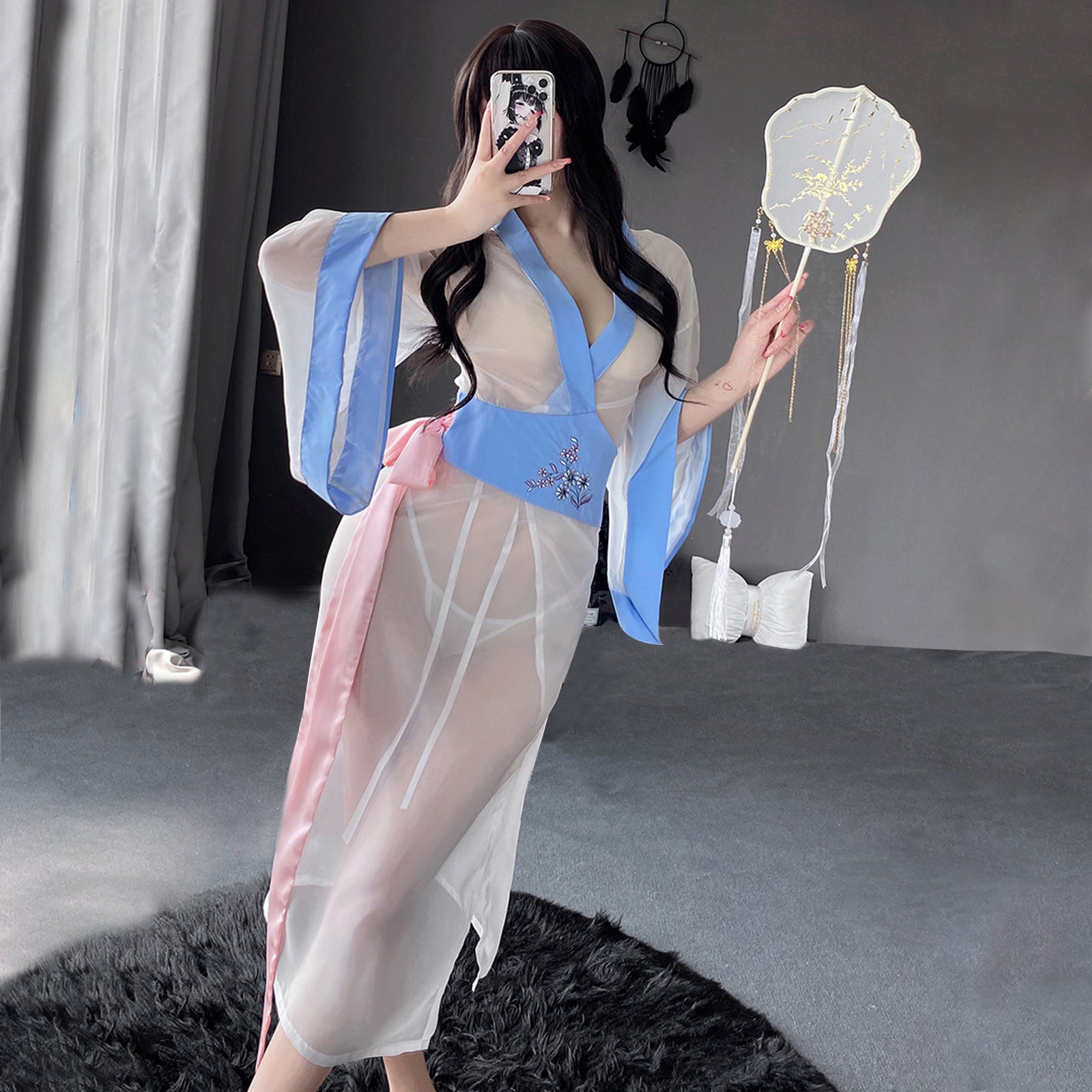 Mesh Kimono Robe V Neck Long Yukata Anime Lingerie Set