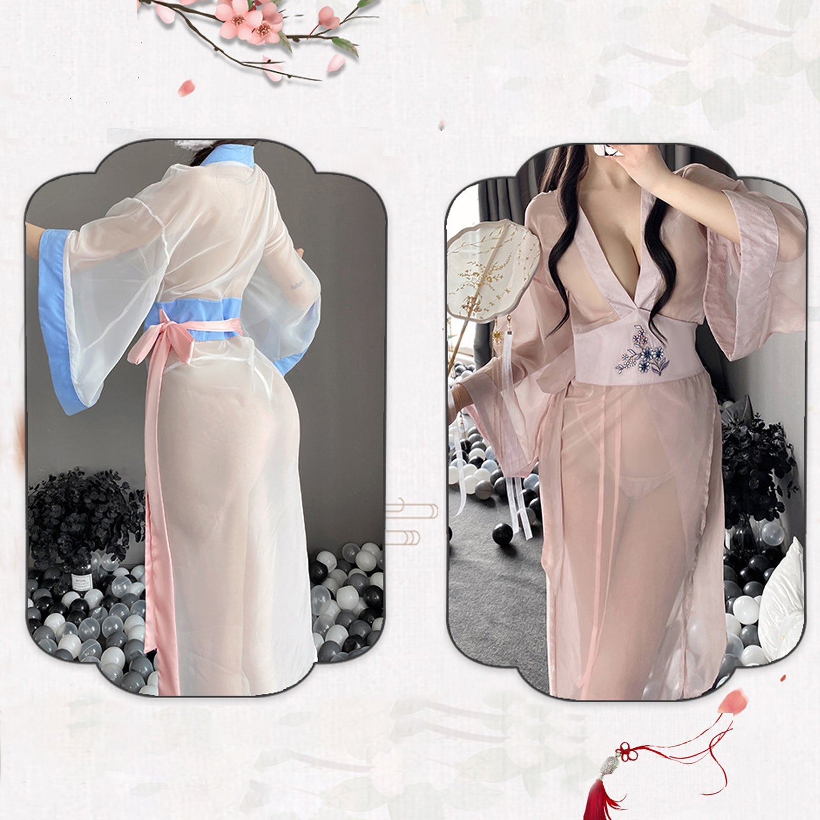 Mesh Kimono Robe V Neck Long Yukata Anime Lingerie Set