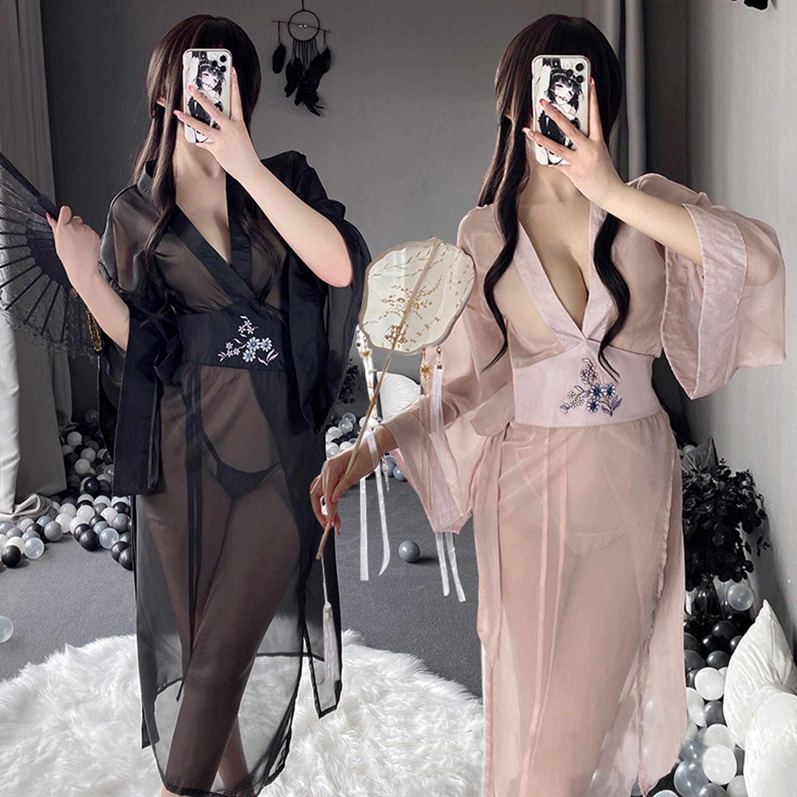 Mesh Kimono Robe V Neck Long Yukata Anime Lingerie Set