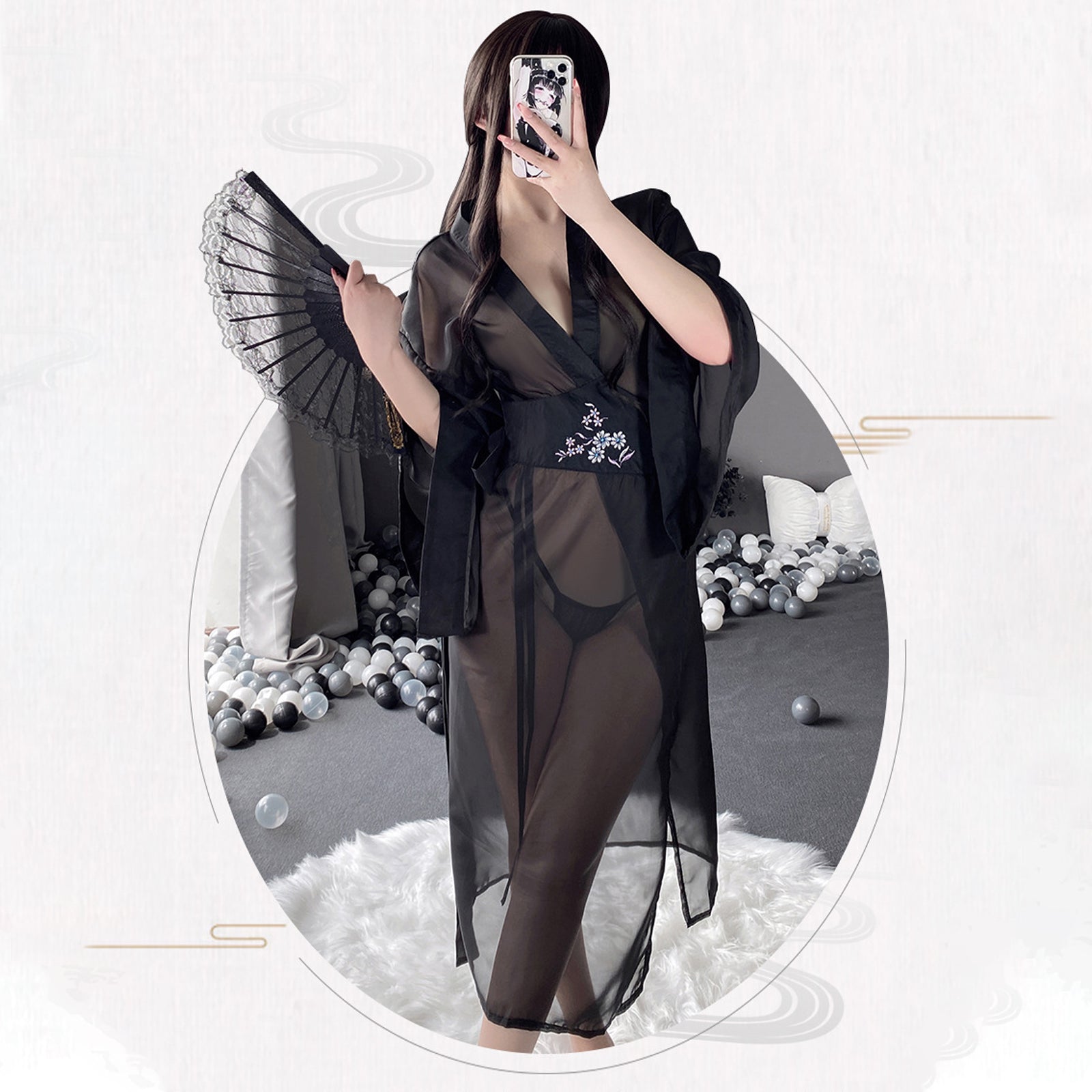 Mesh Kimono Robe V Neck Long Yukata Anime Lingerie Set