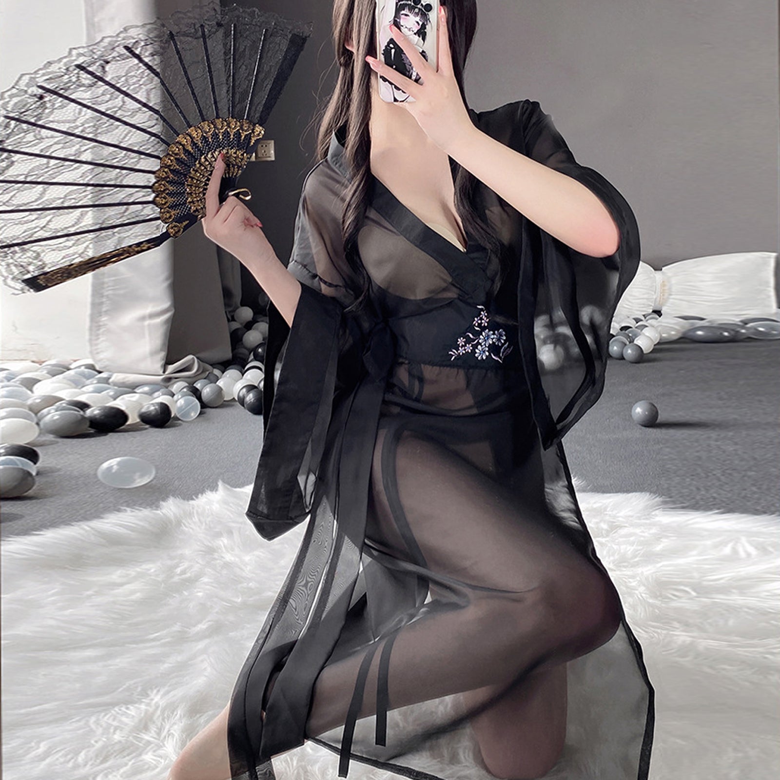 Mesh Kimono Robe V Neck Long Yukata Anime Lingerie Set
