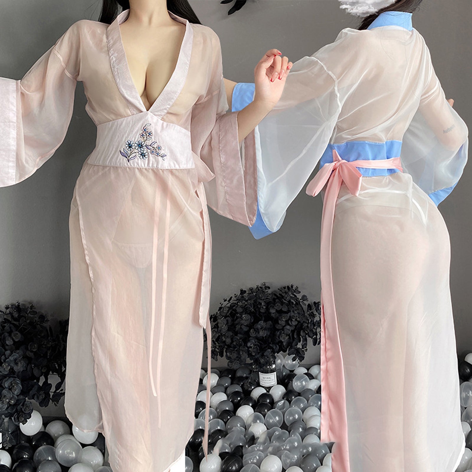 Mesh Kimono Robe V Neck Long Yukata Anime Lingerie Set