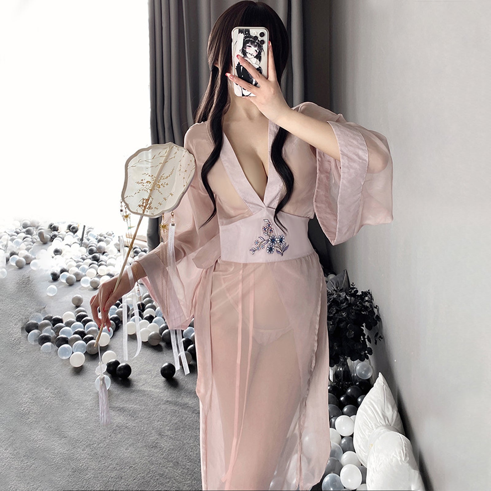 Mesh Kimono Robe V Neck Long Yukata Anime Lingerie Set