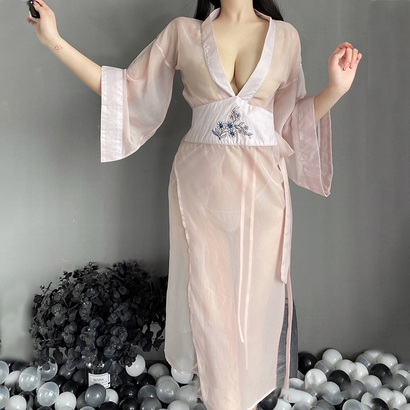 Mesh Kimono Robe V Neck Long Yukata Anime Lingerie Set