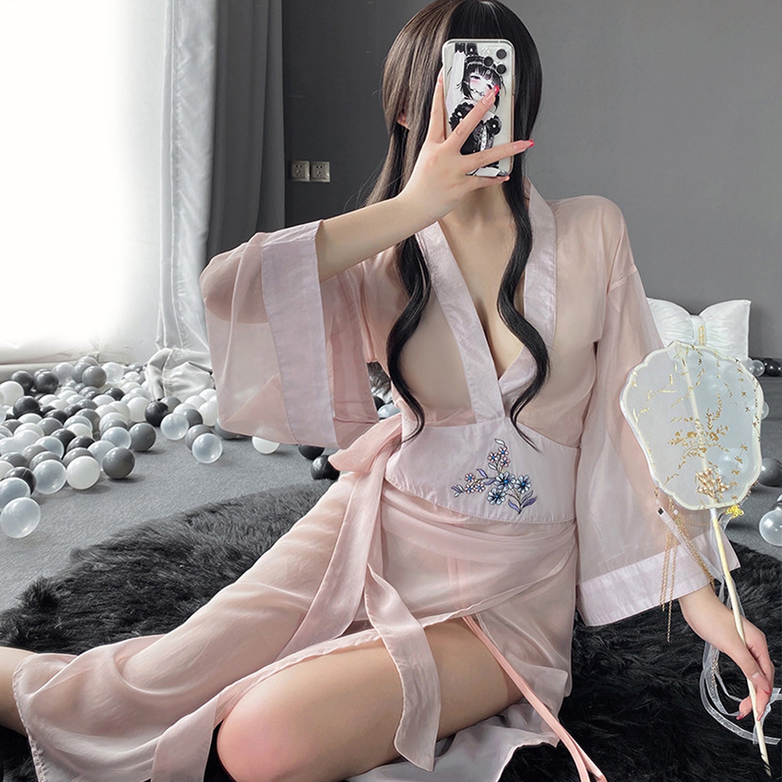 Mesh Kimono Robe V Neck Long Yukata Anime Lingerie Set