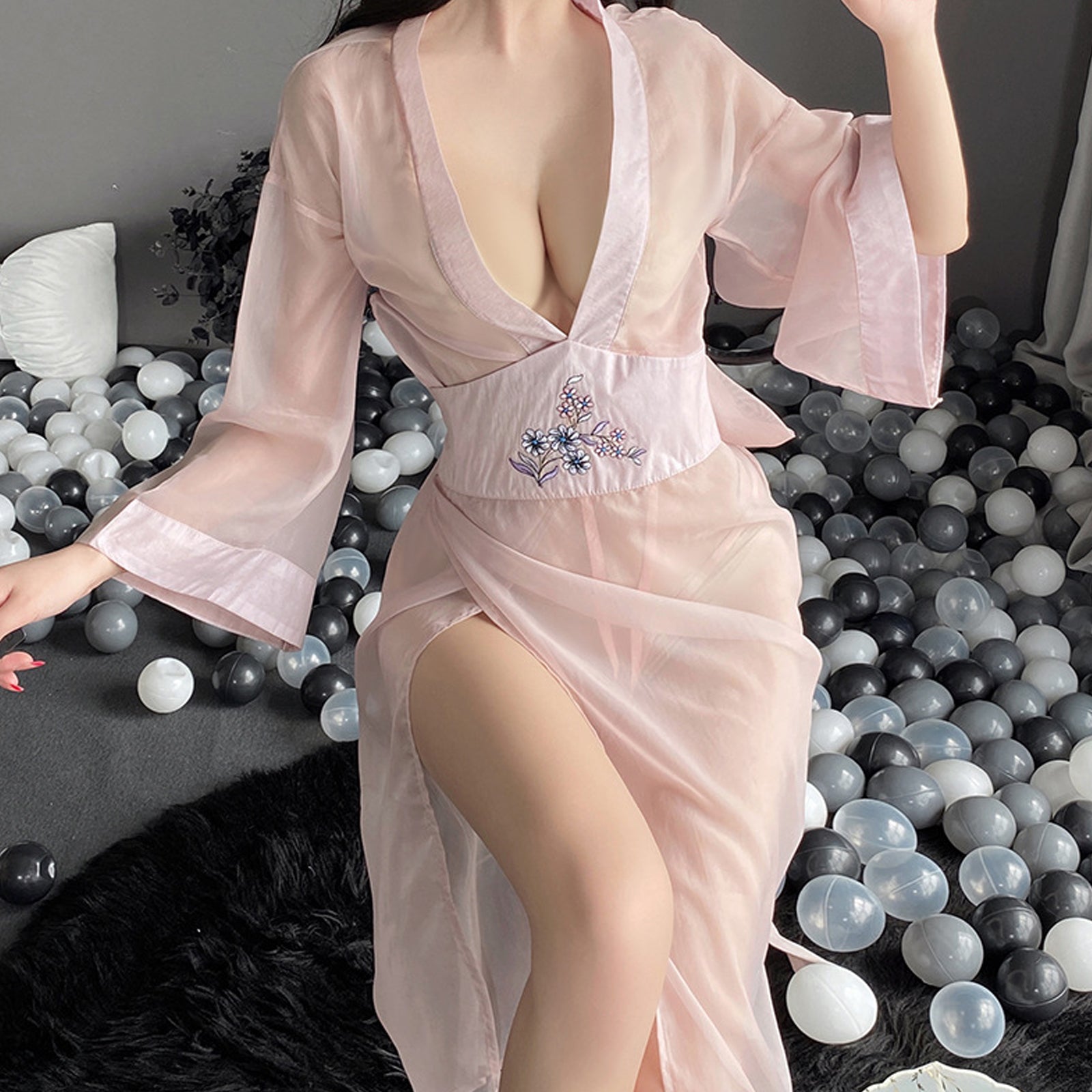 Mesh Kimono Robe V Neck Long Yukata Anime Lingerie Set