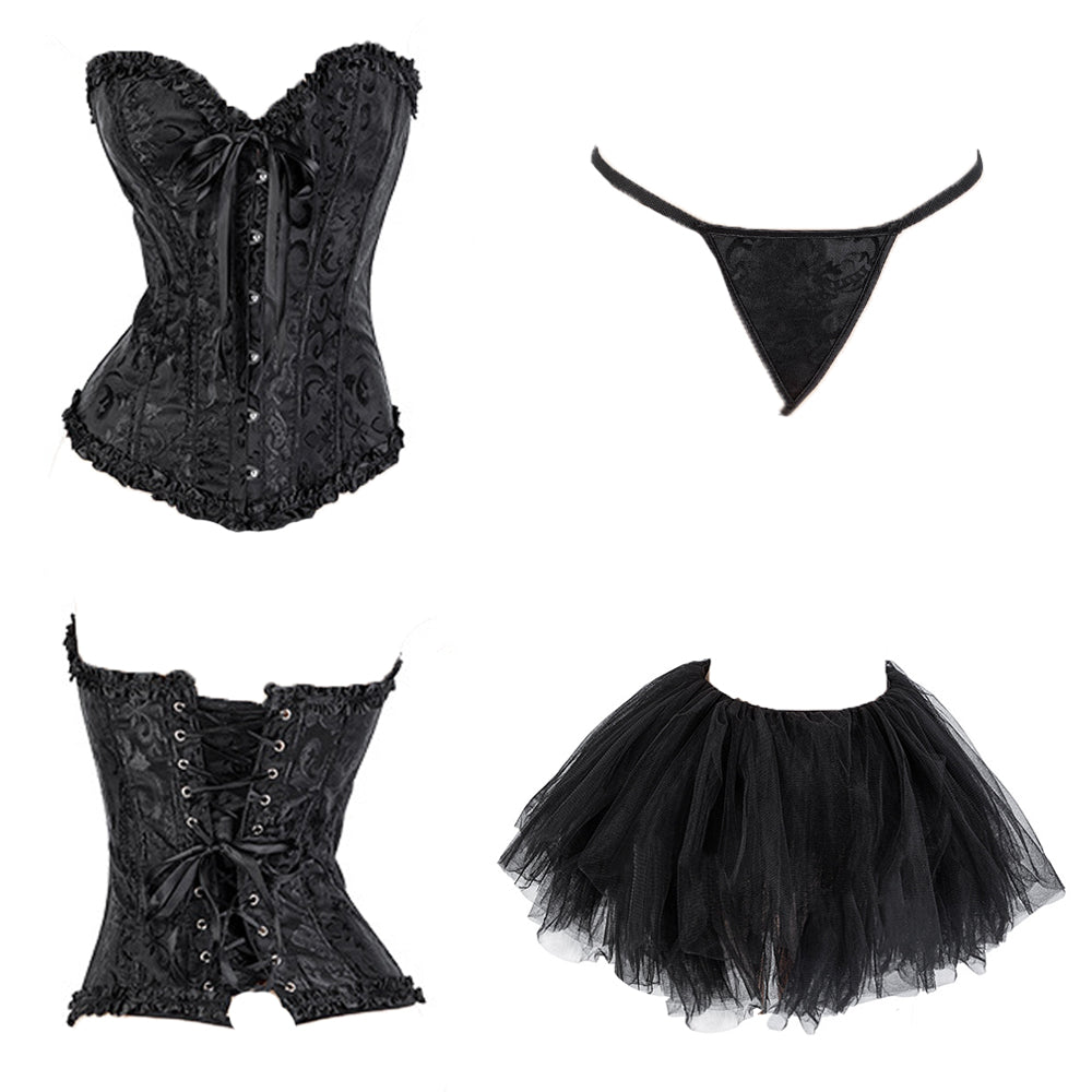 Devil Corset Costume Anime Dark Angel Costume Black Sweetheart Lace-Up Corset with Mesh Skirt