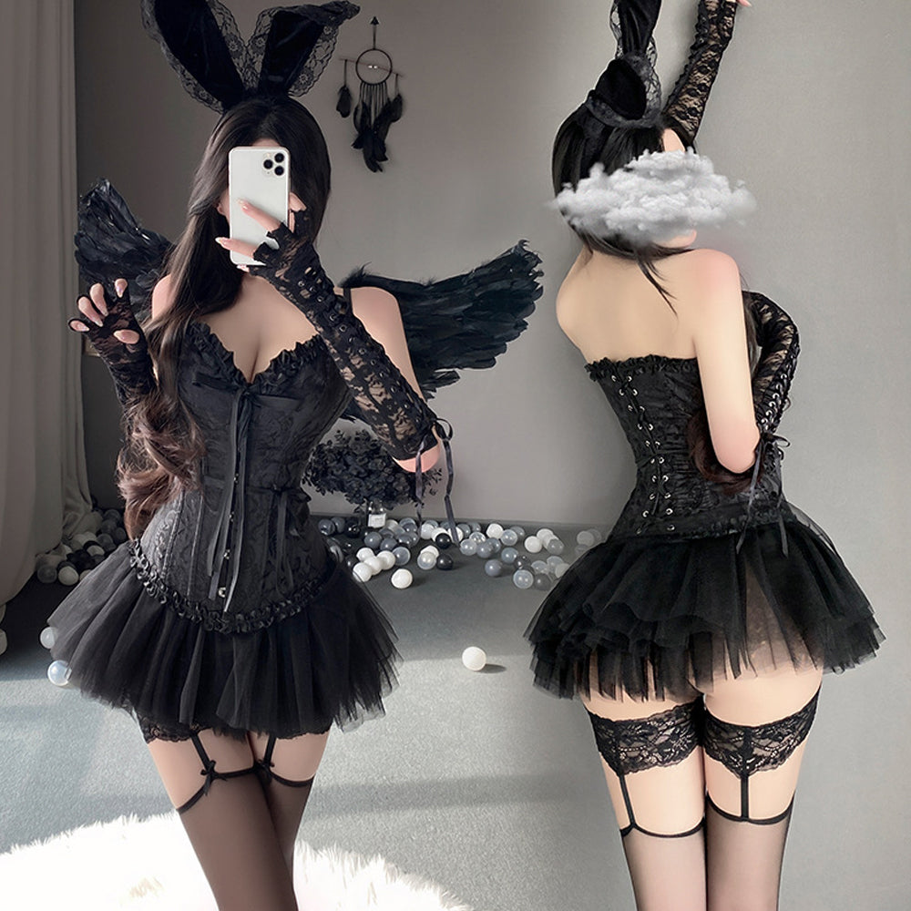 Devil Corset Costume Anime Dark Angel Costume Black Sweetheart Lace-Up Corset with Mesh Skirt