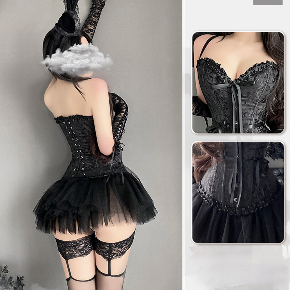 Devil Corset Costume Anime Dark Angel Costume Black Sweetheart Lace-Up Corset with Mesh Skirt