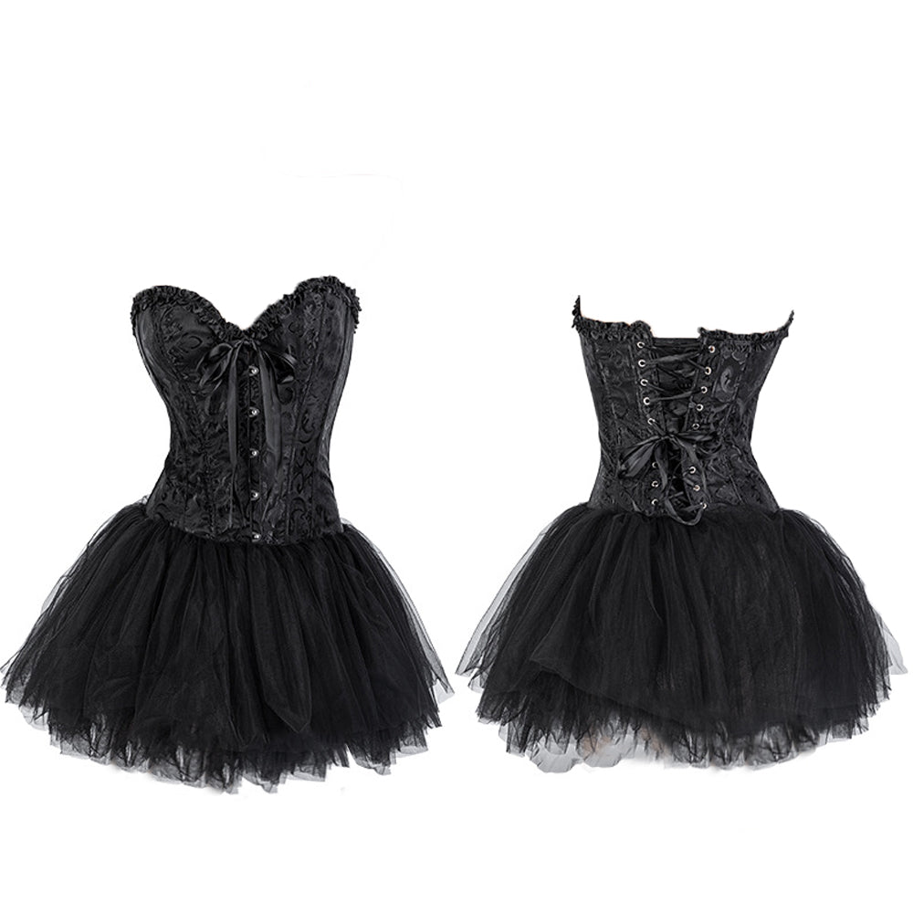 Devil Corset Costume Anime Dark Angel Costume Black Sweetheart Lace-Up Corset with Mesh Skirt