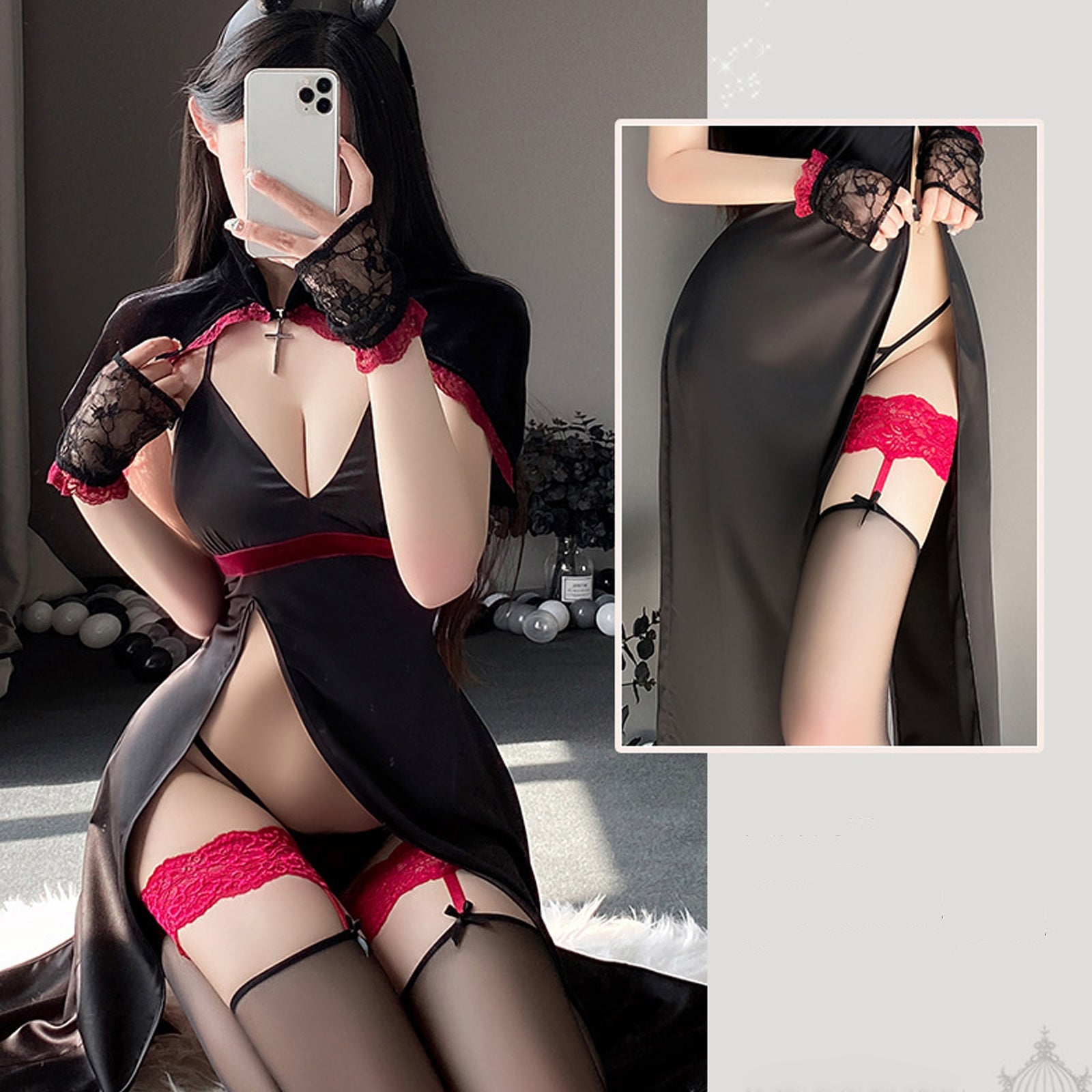 Succubus Cosplay Outfit Devil Anime Costume High Slit Lingerie Dress