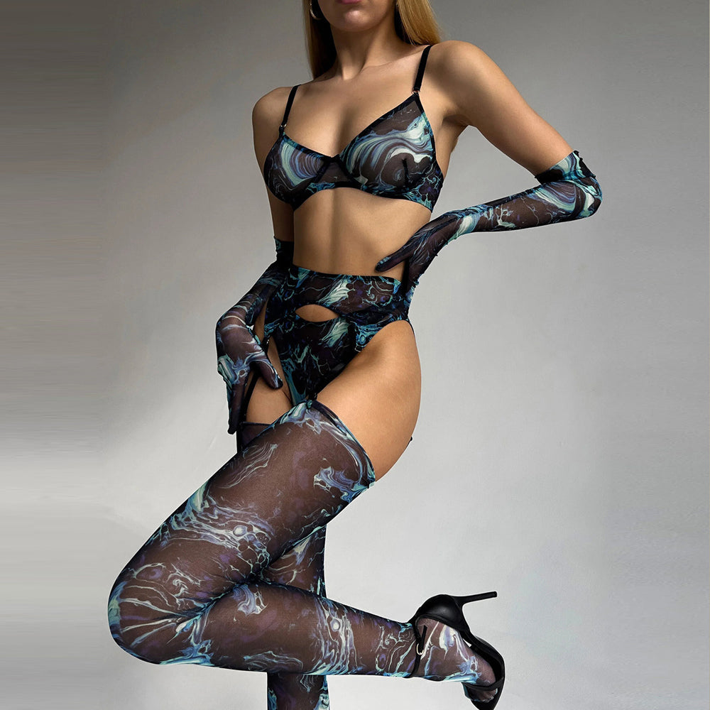 Galaxy Lingerie Set Sheer Mesh 5 Piece Tie Dye Garter Lingerie Set