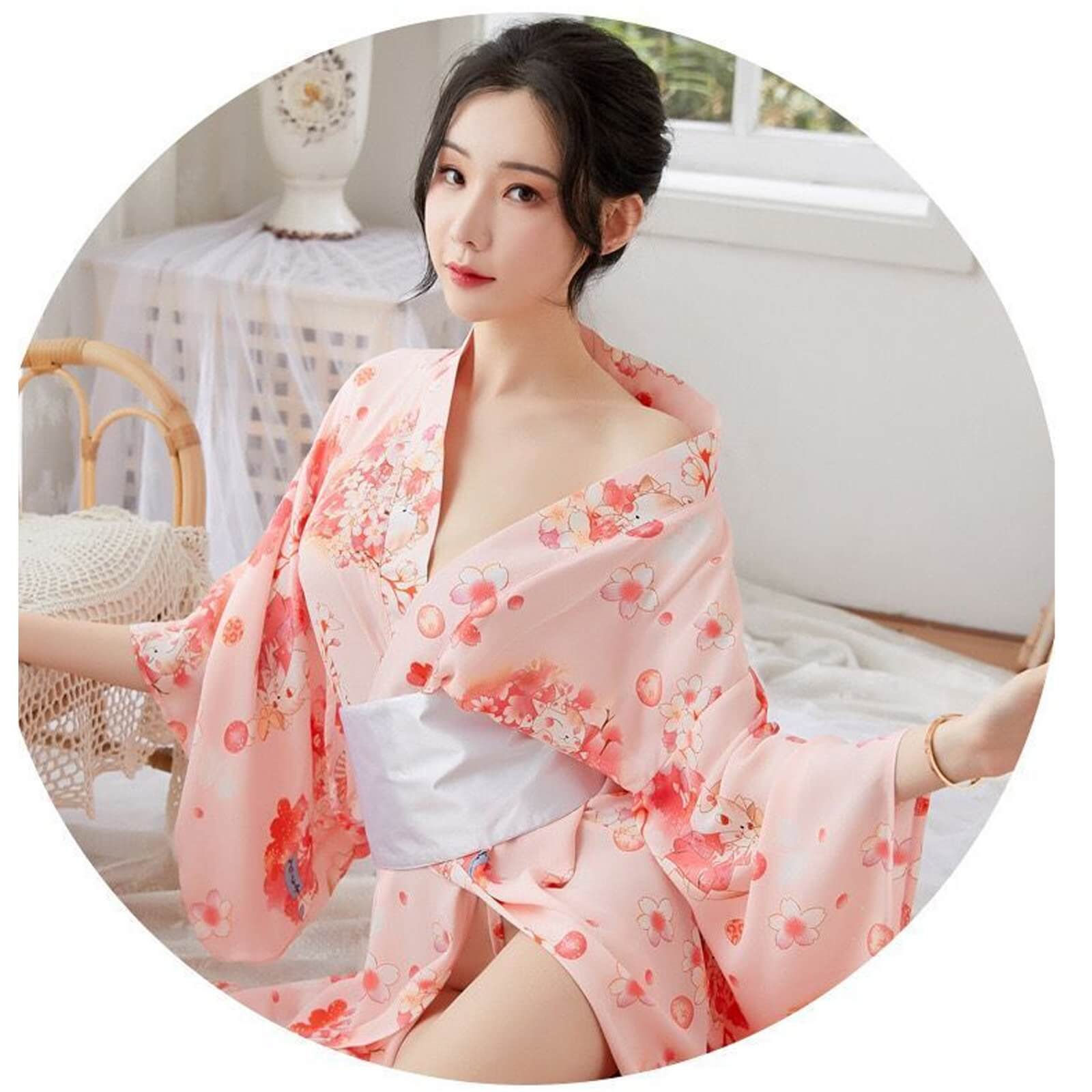 Traditional Japanese Kimono Robe Floral Printed Long Yukata Costumes Pajamas