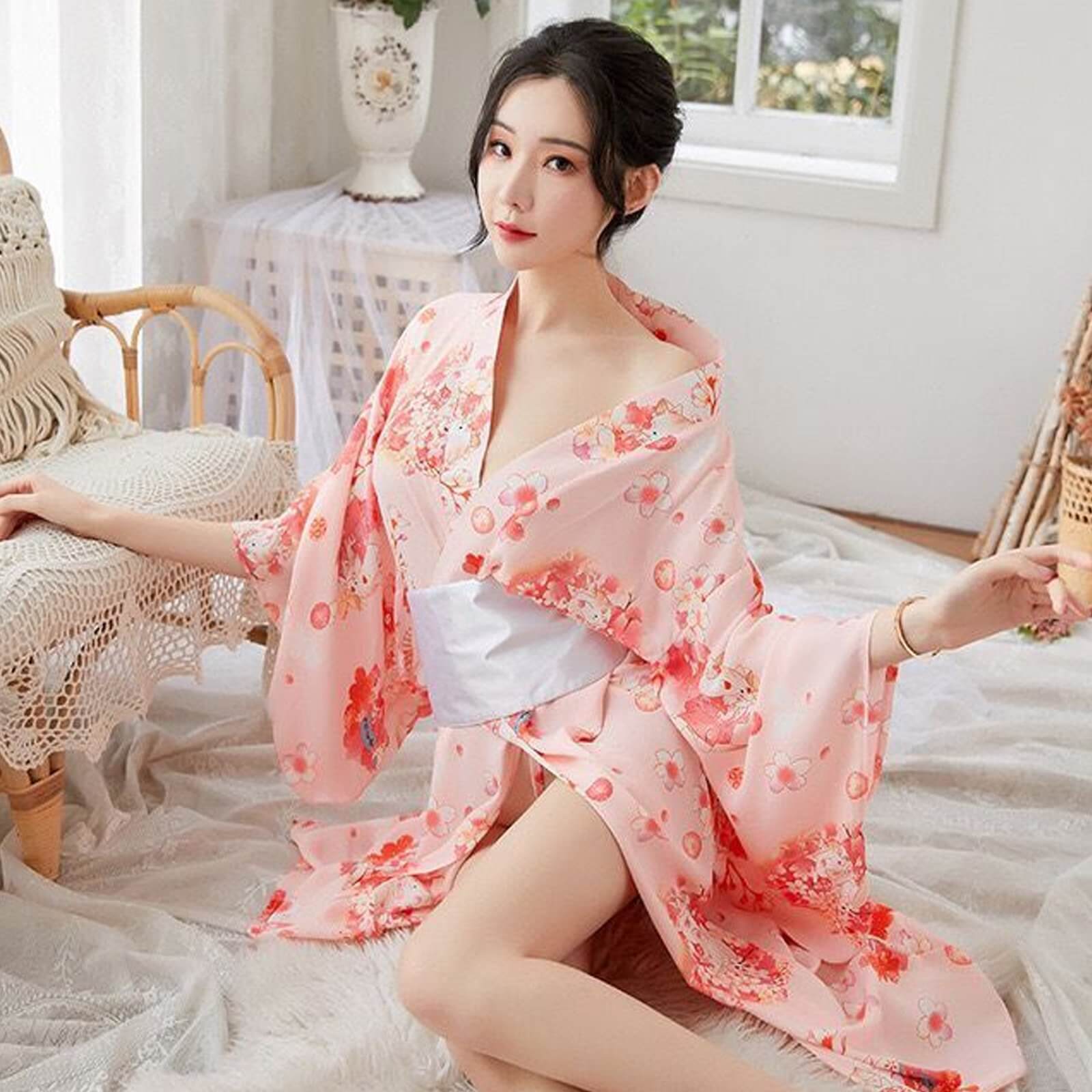 Traditional Japanese Kimono Robe Floral Printed Long Yukata Costumes Pajamas