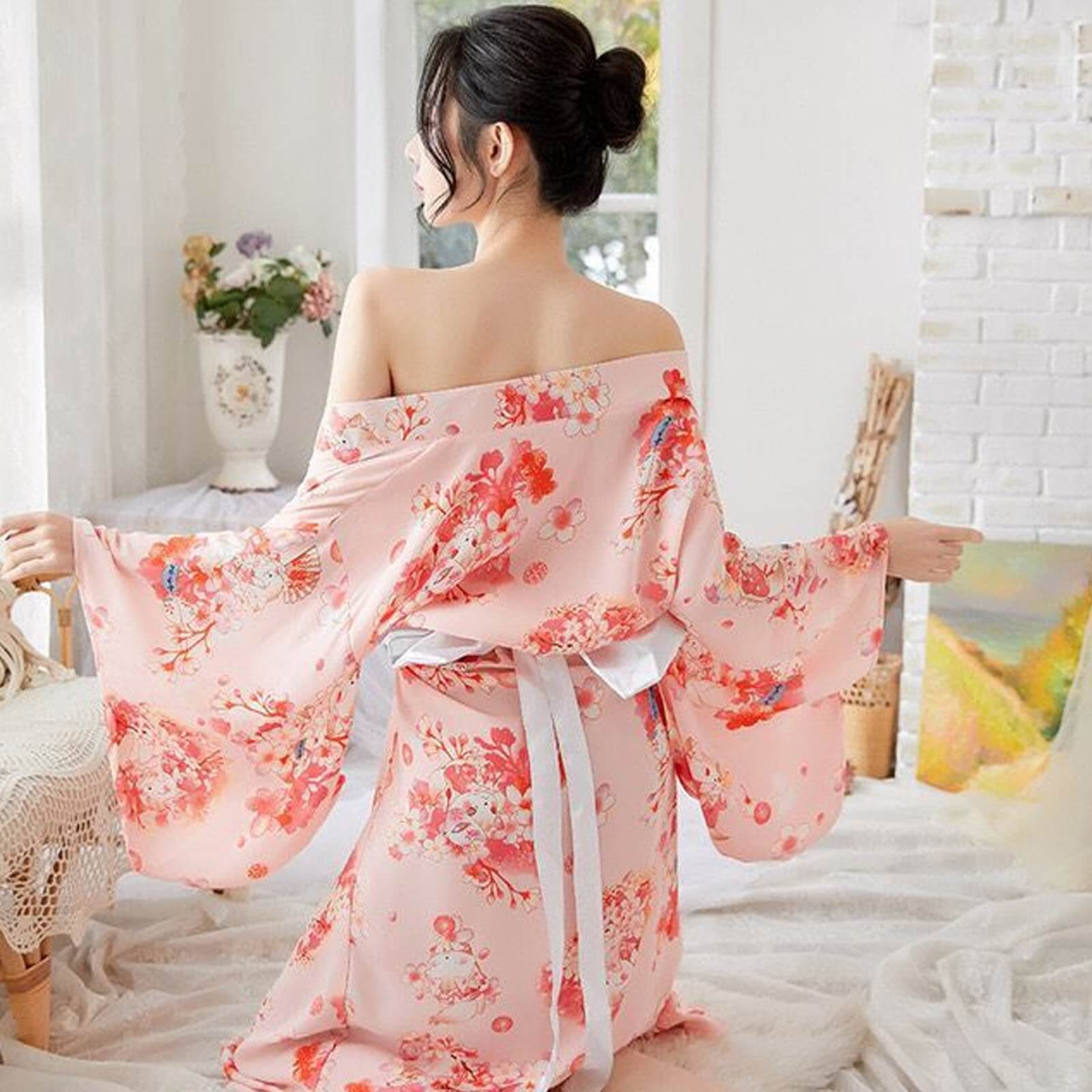Traditional Japanese Kimono Robe Floral Printed Long Yukata Costumes Pajamas