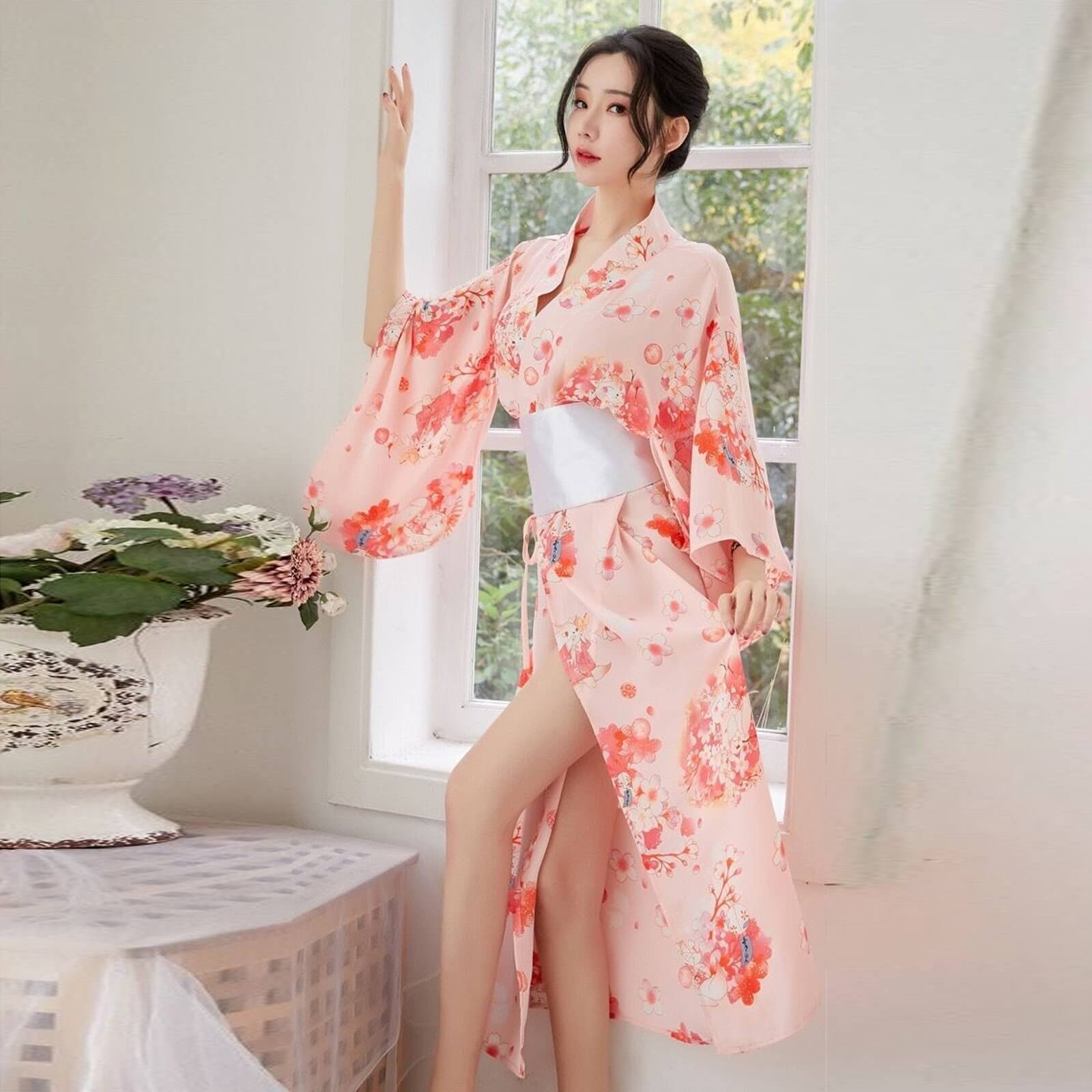 Traditional Japanese Kimono Robe Floral Printed Long Yukata Costumes Pajamas