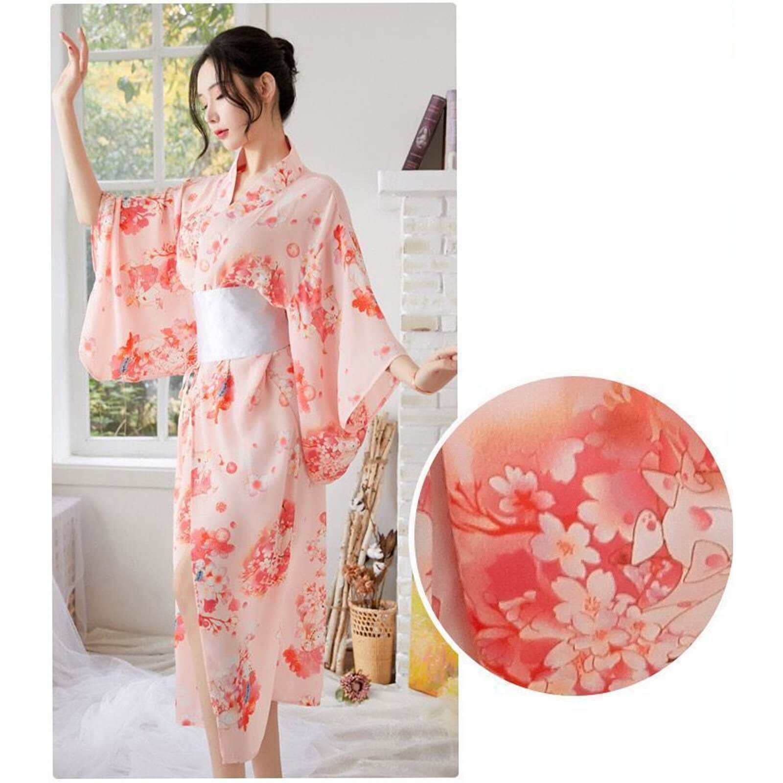 Traditional Japanese Kimono Robe Floral Printed Long Yukata Costumes Pajamas