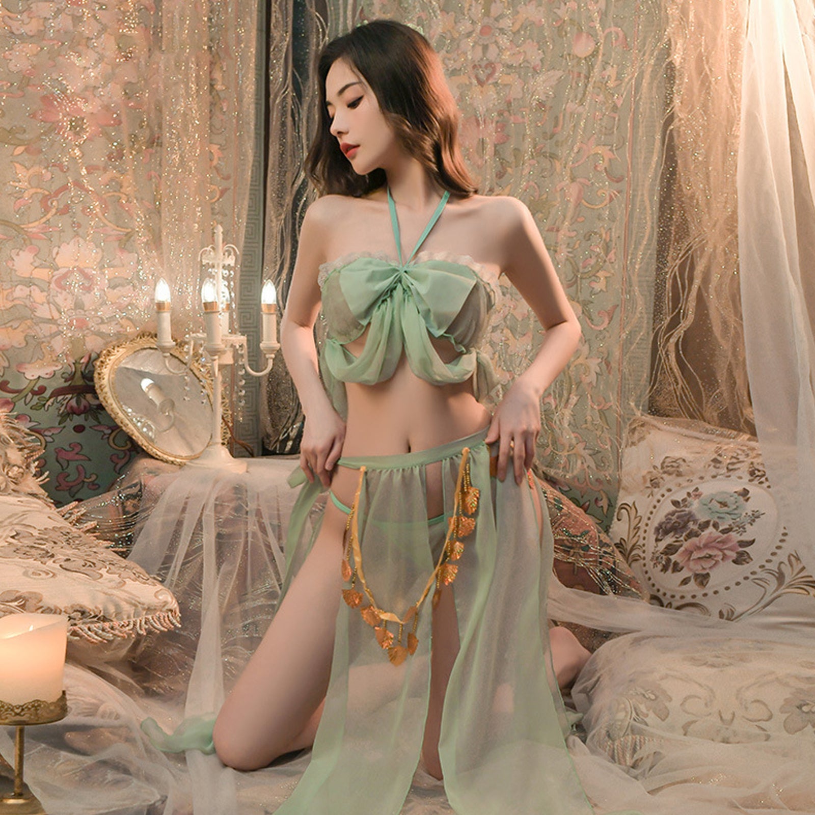 Vintage Princess Costume Arabian Erotic Lingerie Set Bandeau Top with Slit Skirt