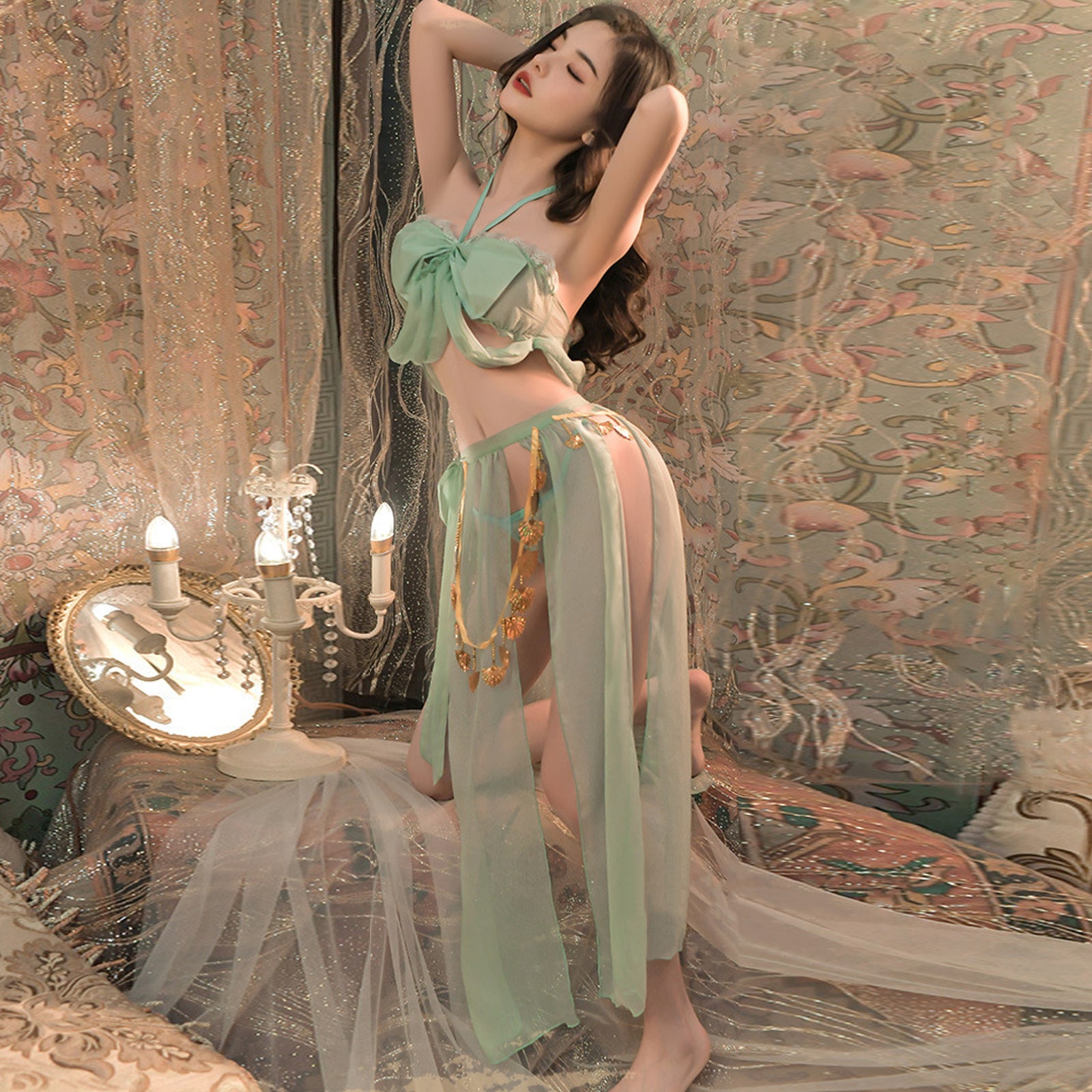 Vintage Princess Costume Arabian Erotic Lingerie Set Bandeau Top with Slit Skirt