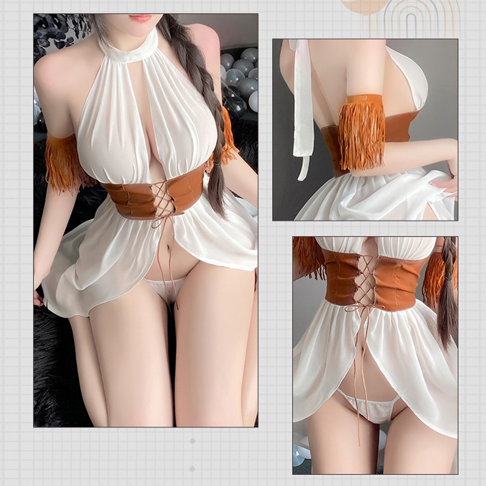 White Flyaway Babydoll Set Open Front Halter Lingerie Dress Exotic Nightgown