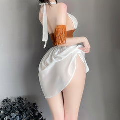 White Flyaway Babydoll Set Open Front Halter Lingerie Dress Exotic Nightgown