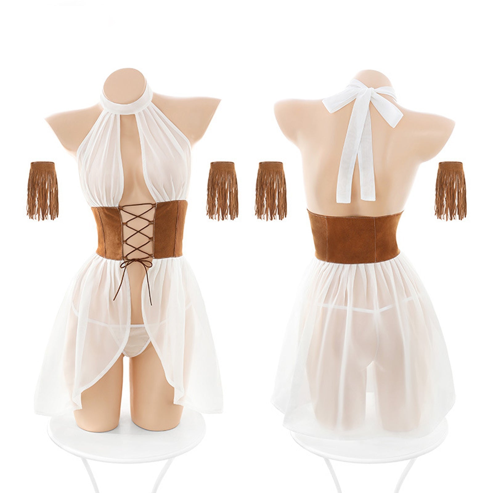 White Flyaway Babydoll Set Open Front Halter Lingerie Dress Exotic Nightgown