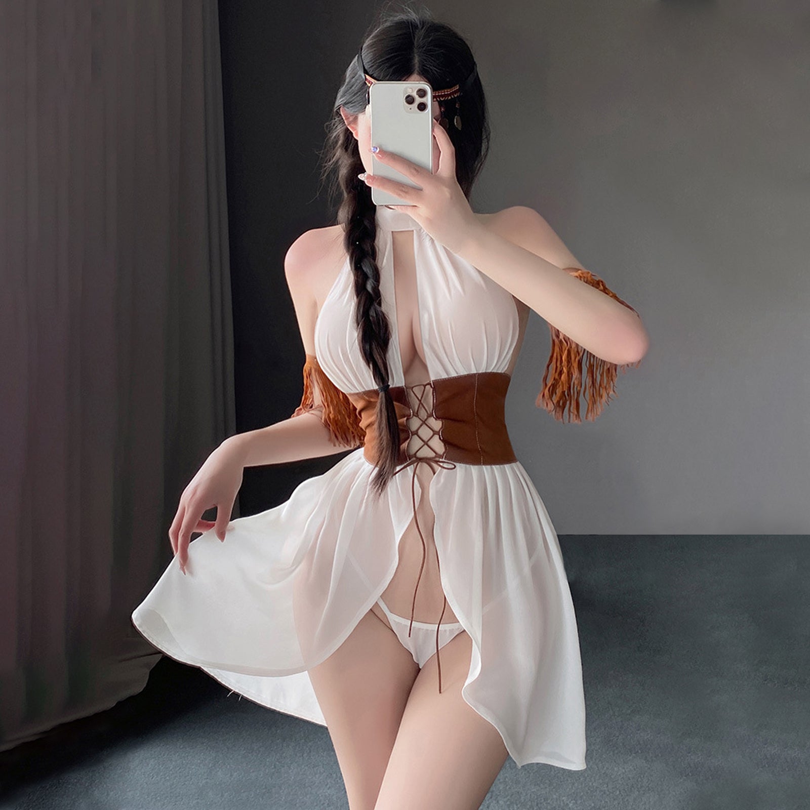White Flyaway Babydoll Set Open Front Halter Lingerie Dress Exotic Nightgown