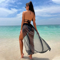 Women's 3 Piece Bikini Set Black Strappy Swimsuit with Sheer Mesh Skirt Cover Ups