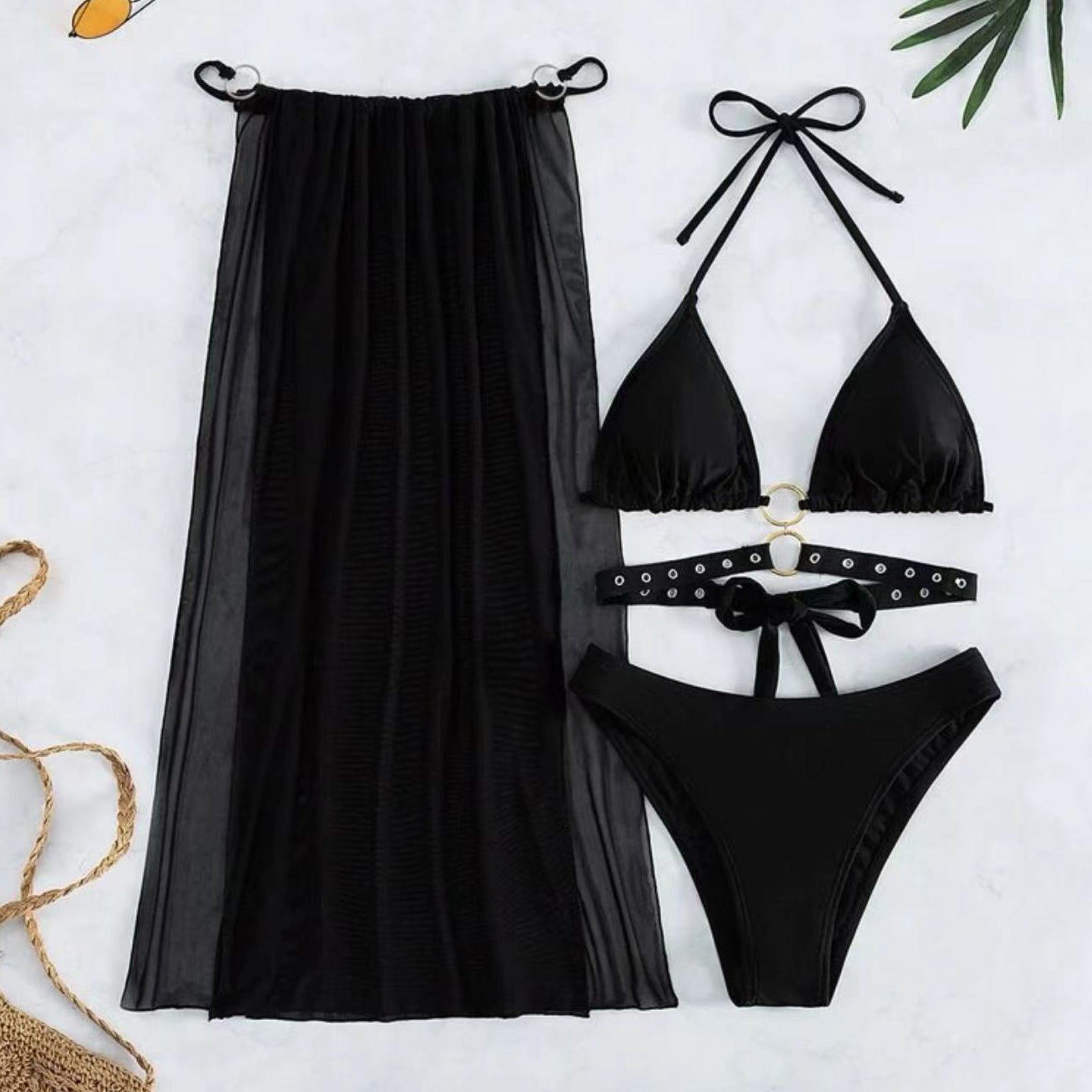 Women's 3 Piece Bikini Set Black Strappy Swimsuit with Sheer Mesh Skirt Cover Ups