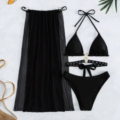 Women's 3 Piece Bikini Set Black Strappy Swimsuit with Sheer Mesh Skirt Cover Ups