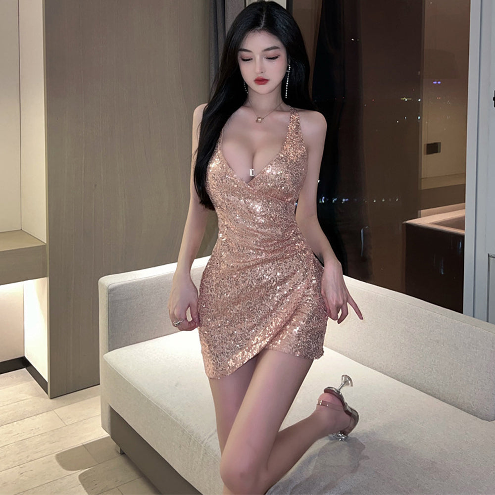 Wrap Sequin Dress V Neck Backless Club Party Mini Dress Glitter Bodycon Dresses for Women