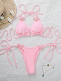 Butterfly Embellished Lace-Up Backless Solid Color Halterneck Bikini Swimsuit