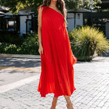 One Shoulder Solid Color Hem Maxi Dress