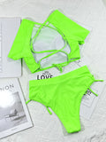 Short Sleeves Tie Sid Hollow Back Green Bikini Swimsuit