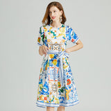 Majolica Print Tie Waist Midi Dress Flaxmaker