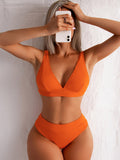 Solid Color High-Waisted V-Neck Bikini Swimwear