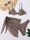 Spaghetti-Neck Leopard Split Bikini Swimsuit+Cover-Up Three-Piece Set