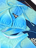 Blauer Neckholder-Bikini-Badeanzug mit Farbverlauf und vierteiligem Überzug