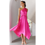 One Shoulder  Irresistible Desire Satin Ruffle Midi Dress