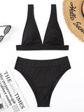 Solid Color High-Waisted V-Neck Bikini Swimwear