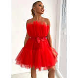 Bandeau Mesh Bow Pompadour Mini Dress