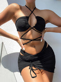 Solid Color Bandage Hollow Bikini+Cover-Up Three-Piece Set