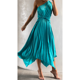 One Shoulder  Irresistible Desire Satin Ruffle Midi Dress